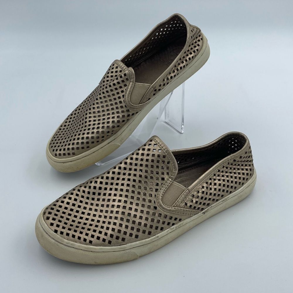 Tory Burch Jesse Gold Metallic Leather Perforated Slip On Shoes